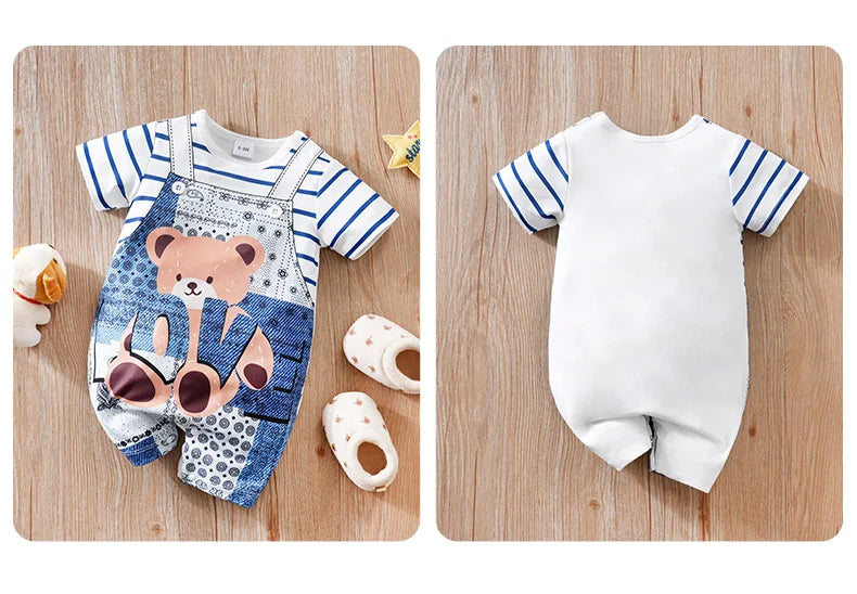 Vêtements de bébé ours de dessin animé mignon pour garçons et filles, fausse sangle initiée, confortable et doux, combinaison d'été à manches courtes, 0-18 MAEJORKEN