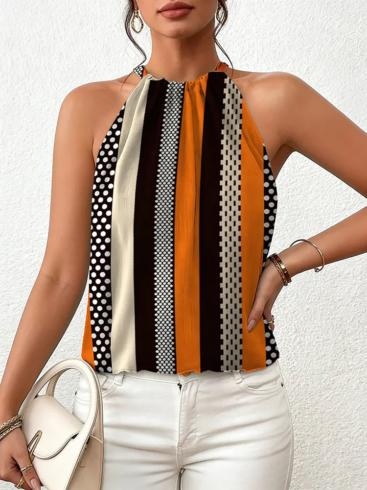 Débardeur pour femmes, printemps été, orange brun, rayé, à pois, col halter, sans manches, rétro chic, décontracté quotidien MAEJORKEN