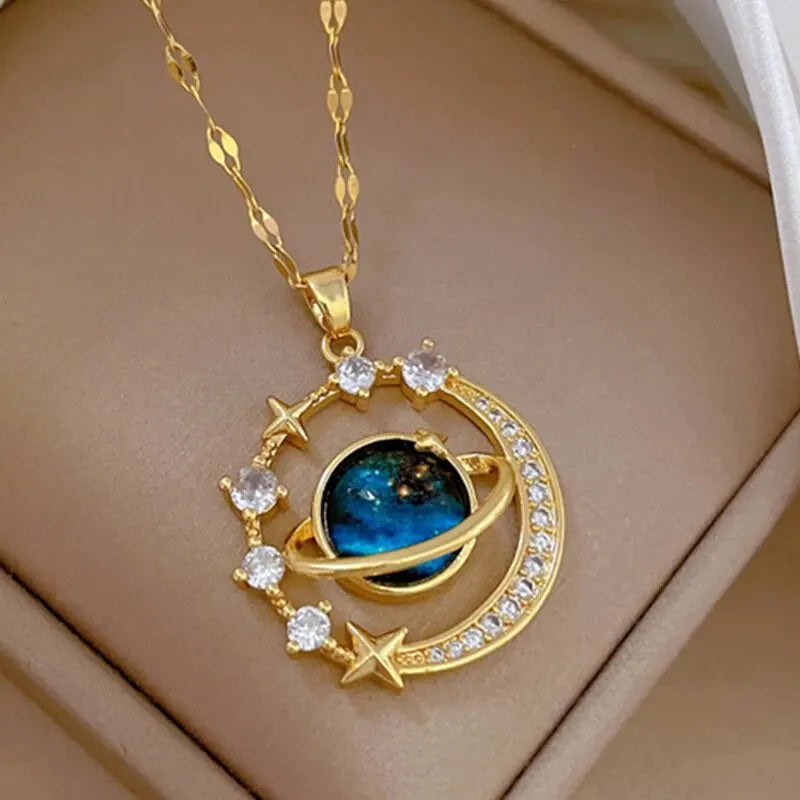 Collier de la série Star Series en acier au titane pour femme, pendentif planète lune et astronome, colliers de la présidence, cadeaux de bijoux, document doré, luxe abordable MAEJORKEN