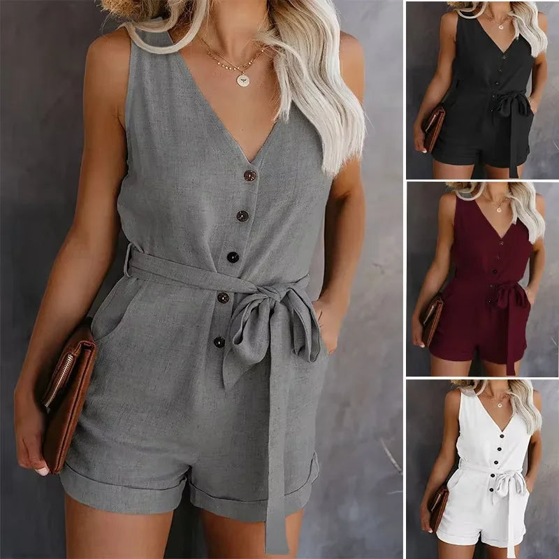 Combinaison monochrome décontractée à col en V pour femmes du S au 3XL MAEJORKEN