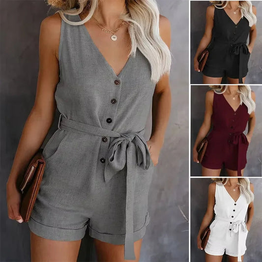 Combinaison monochrome décontractée à col en V pour femmes du S au 3XL MAEJORKEN