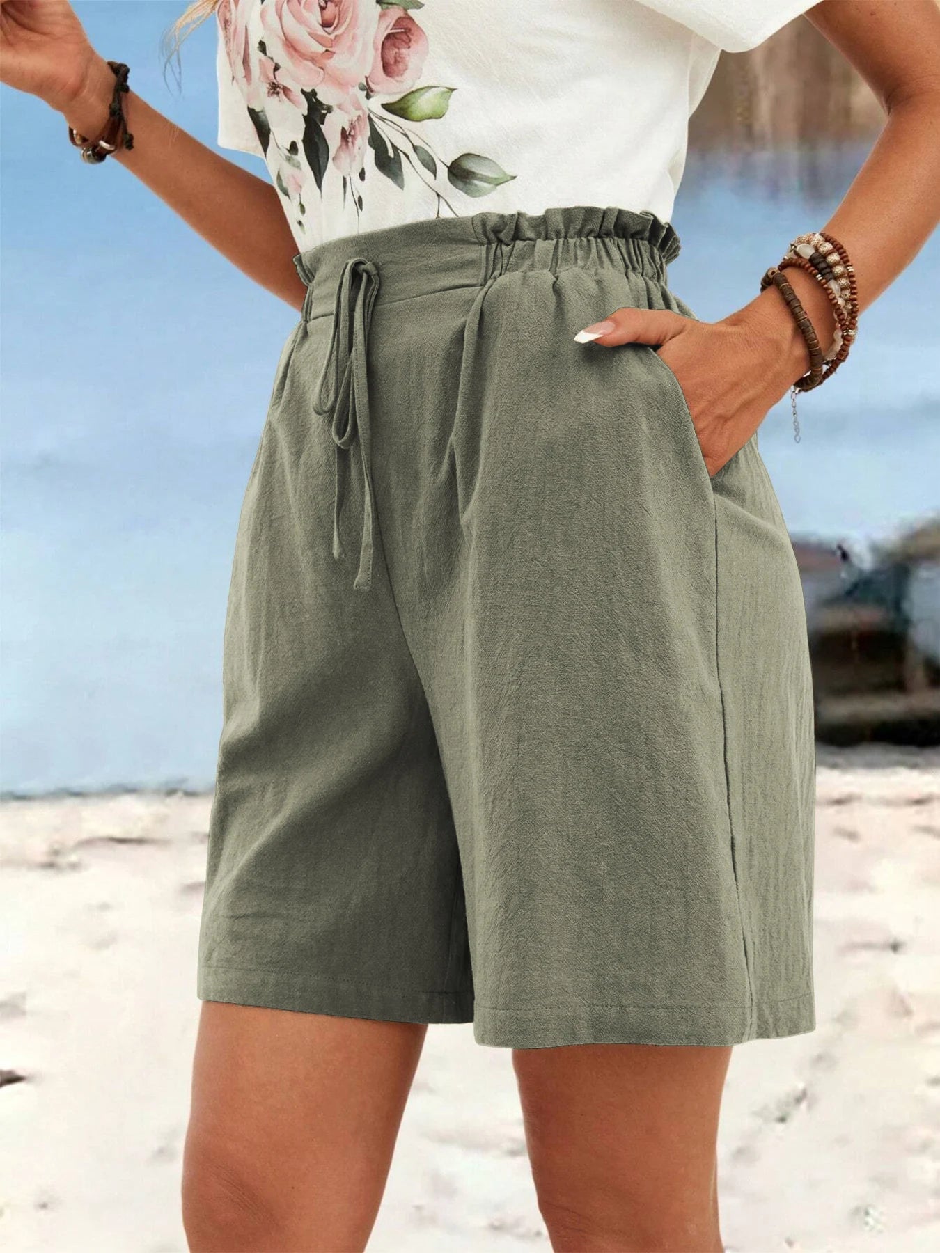 Short en lin de couleur unie pour femmes, short de sport décontracté, pantalon trois-quarts avec cordon de serrage, printemps et été MAEJORKEN