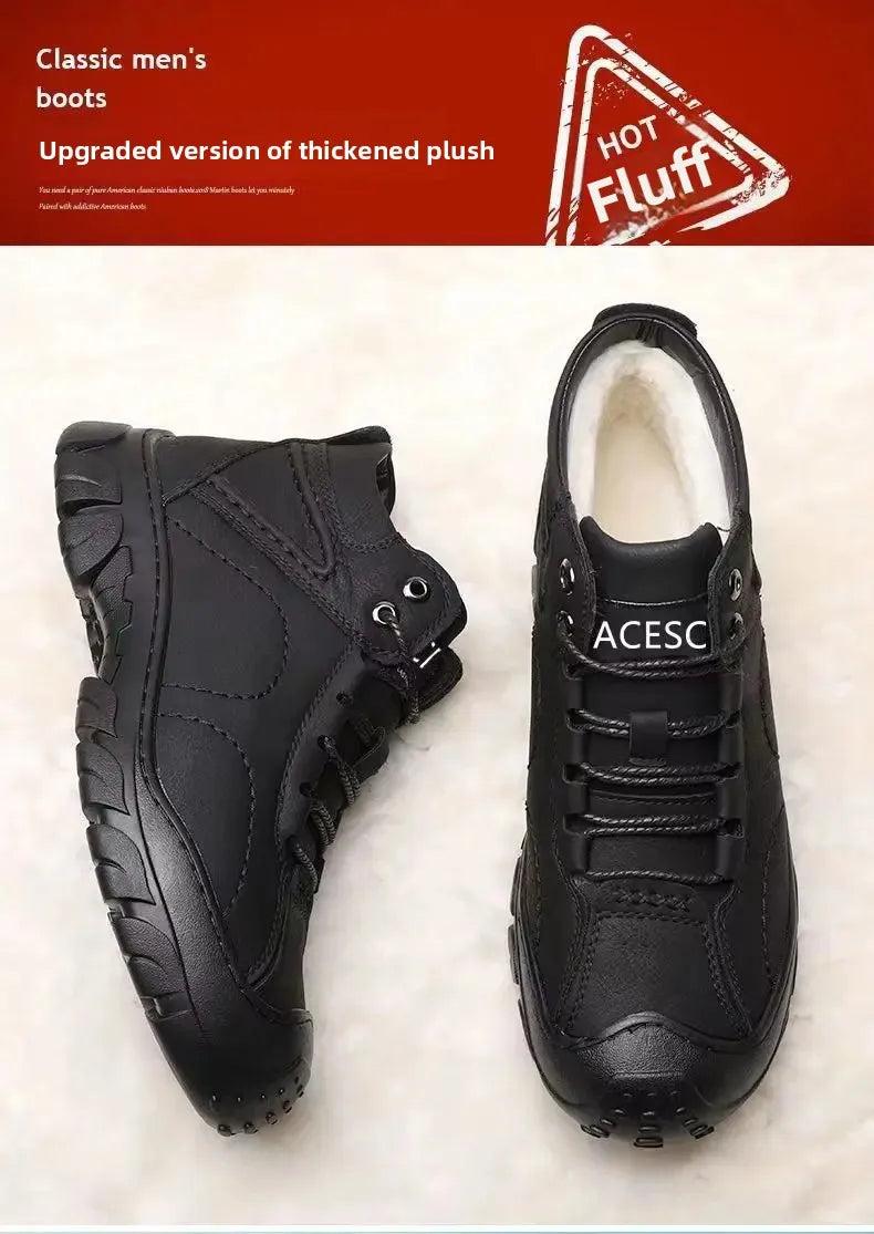 Chaussures d'hiver en cuir imperméable épais pour hommes, doublure polaire, montantes en coton, bottes de neige pour Sports de plein air, semelle extérieure en caoutchouc MAEJORKEN