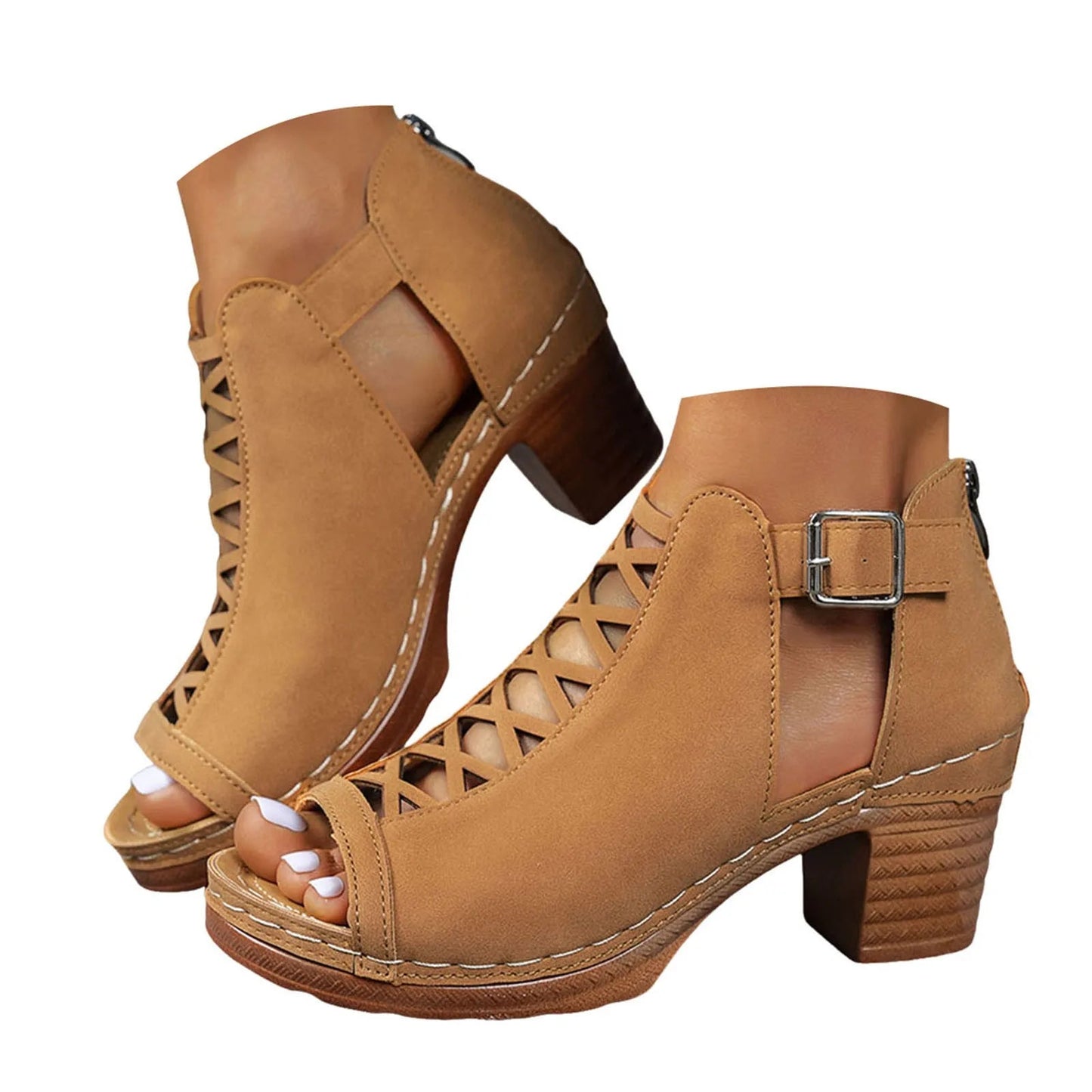 Sandales d'été élégantes pour femmes, talons épais compensés, talons hauts épais, bout ouvert, croix creuse, chaussures polyvalentes de mariage MAEJORKEN