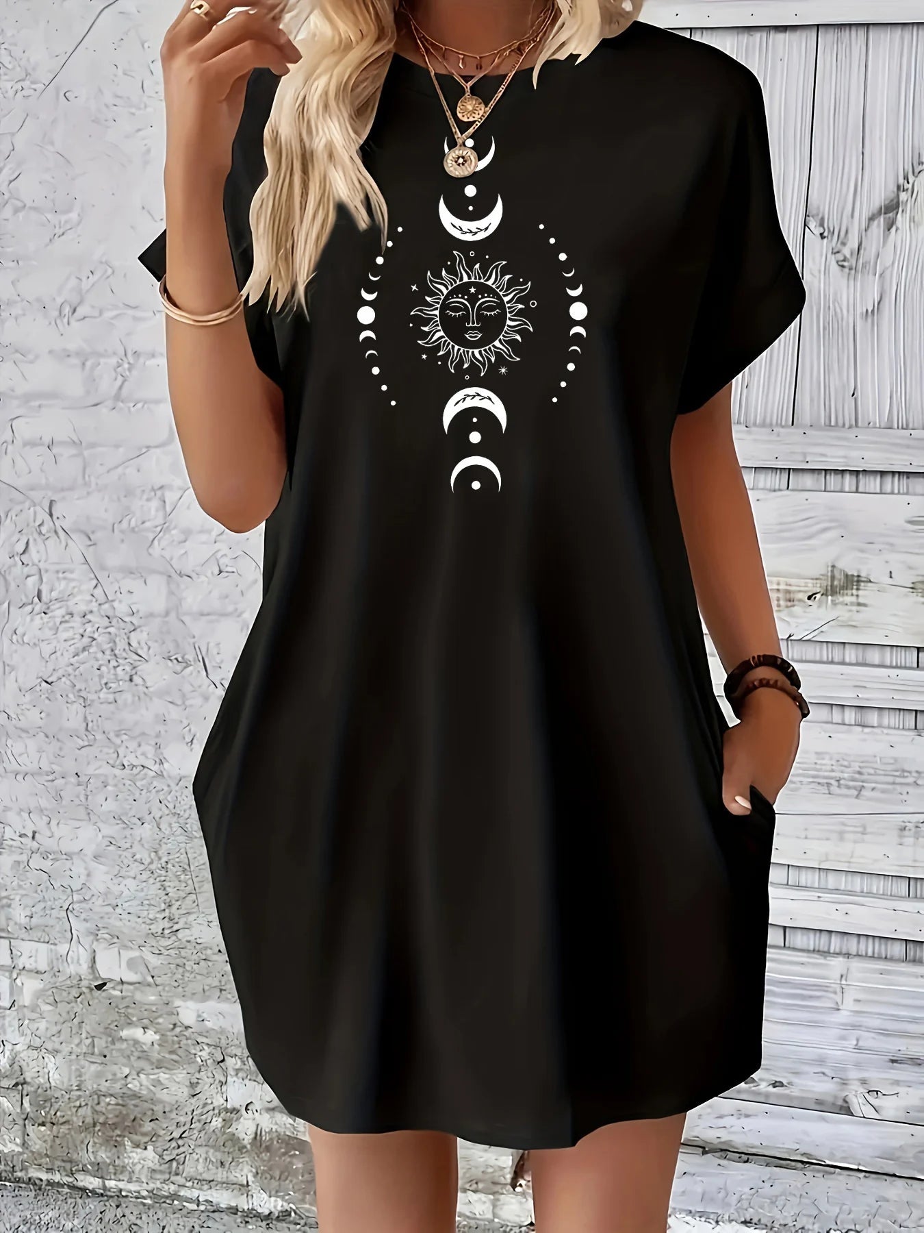 Robe d'été ample pour femmes, motif planète soleil lune imprimé, col rond, manches courtes, poches, confortable, décontractée, grande taille MAEJORKEN