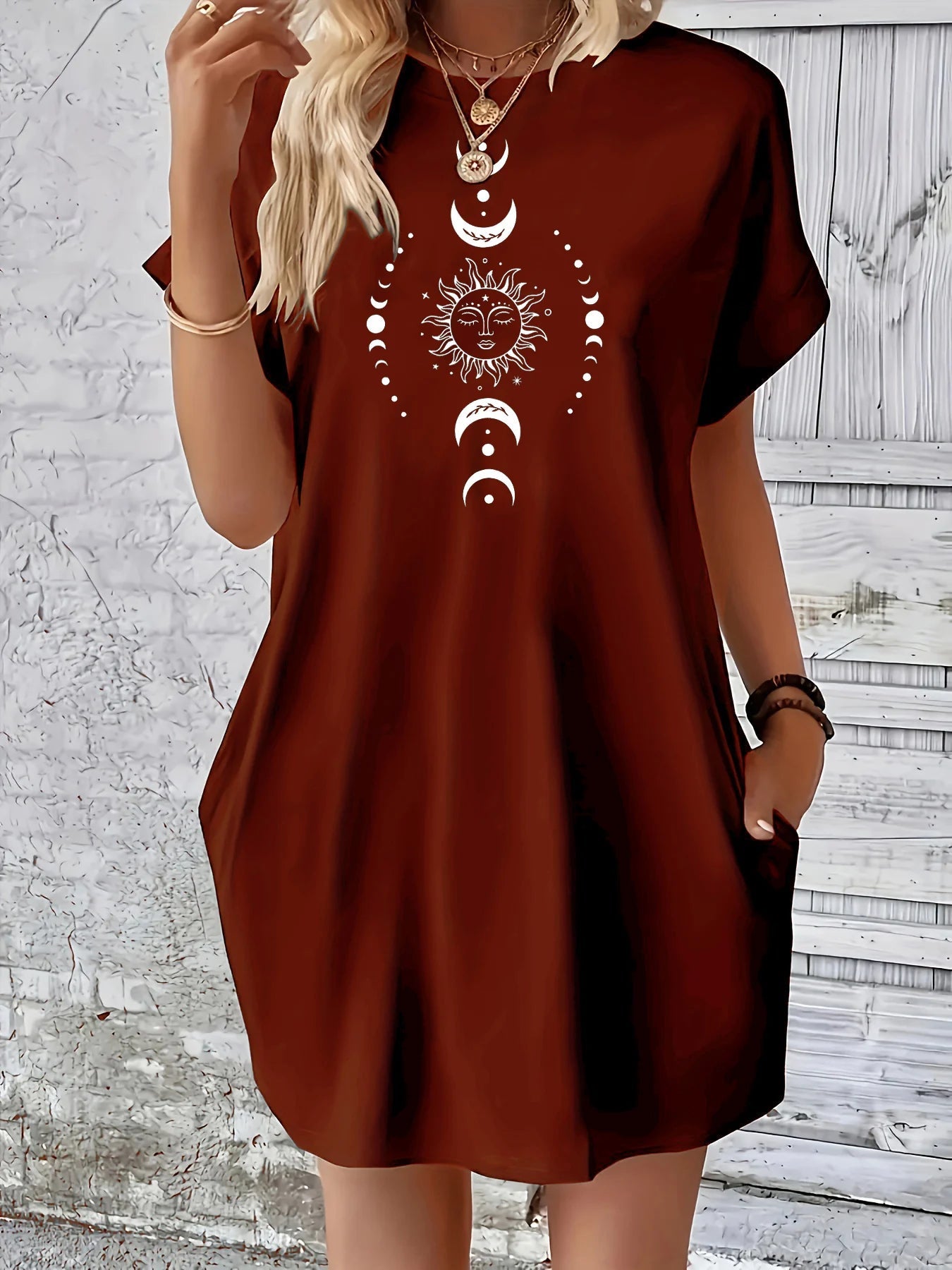 Robe d'été ample pour femmes, motif planète soleil lune imprimé, col rond, manches courtes, poches, confortable, décontractée, grande taille MAEJORKEN