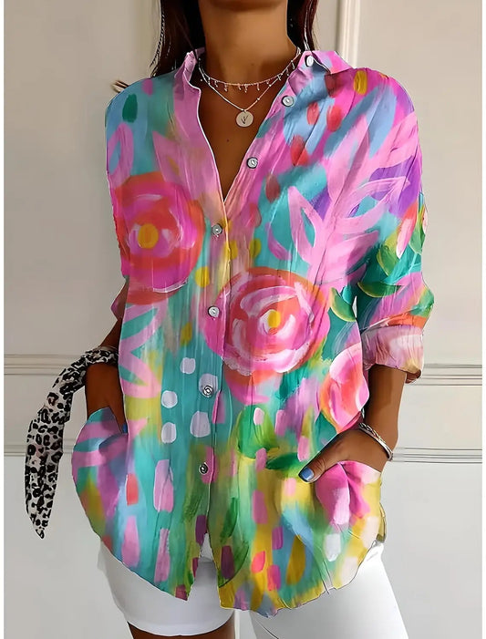 2025 Chemises pour femmes Ombre Floral Graphics Chemisier Col à revers Chemisier Chemises à manches longues pour femmes Vêtements pour femmes Vêtements féminins MAEJORKEN