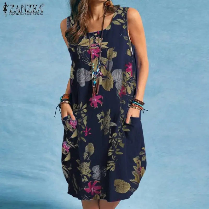 ZANZEA bohème Robe de plage été Vintage imprimé fleuri Robe d'été femmes sans manches genou longueur Robe vacances robes Sarafans MAEJORKEN
