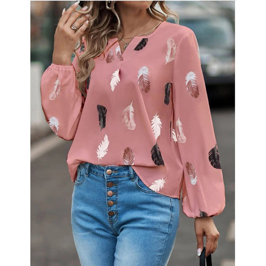 Mode femme Blouse chemises pour femmes haut élégant à manches longues motif de plumes femmes hauts élégant en mousseline de soie Mujer femme vêtements MAEJORKEN