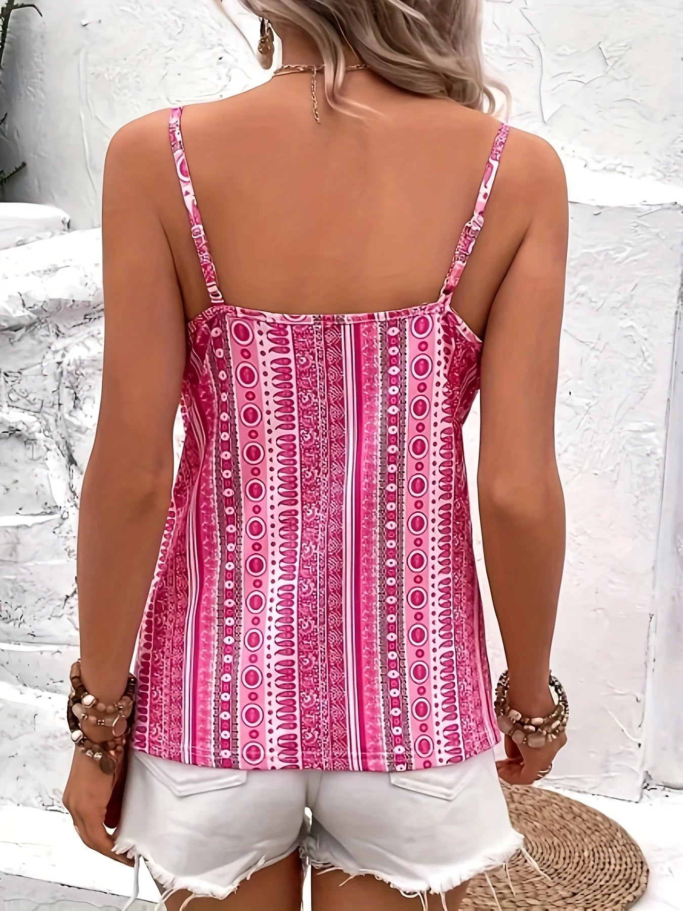 Haut camisole sexy à col en v pour femmes, imprimé chaîne devant torsadé dans le dos, en tissu polyester avec motif spaghetti MAEJORKEN
