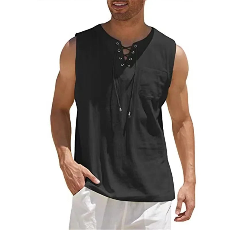 Chemises en coton et lin pour hommes, chemises à lacets rétro, chemise à col en V, précieux, chemise Y-adt, vêtements pour documents solides, chemises décontractées pour hommes MAEJORKEN