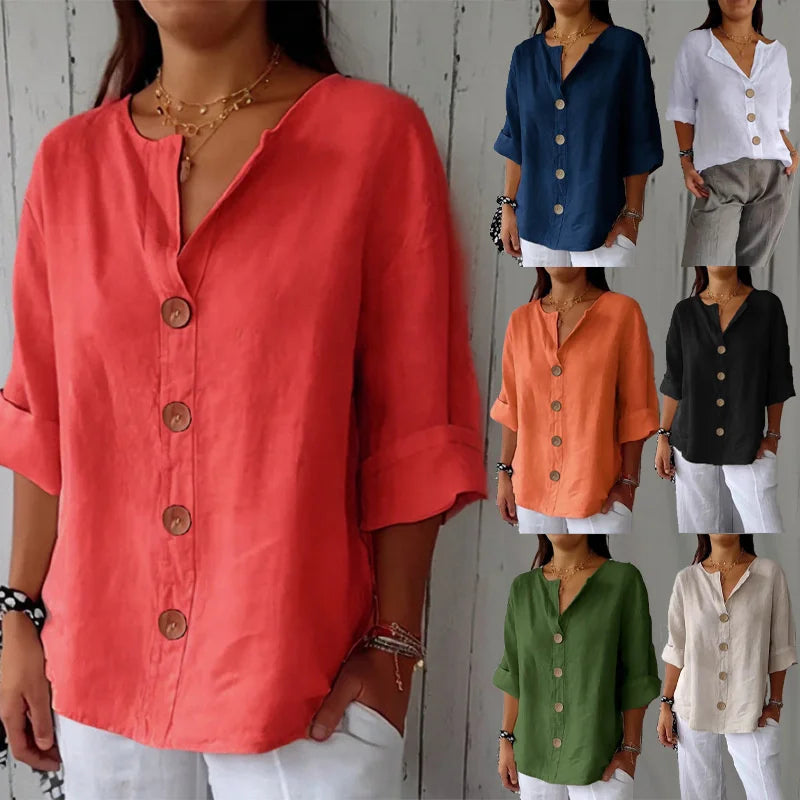 Chemise ample d'été pour femmes, col en v, coton et lin, boutons, chemises décontractées, couleur unie, mode élégante, vêtements de bureau pour femmes, chemisier 2025 MAEJORKEN