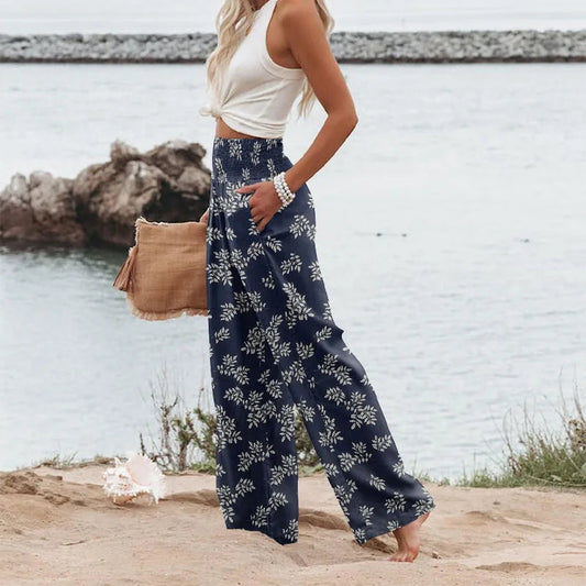Pantalons pour femmes de grande taille, pantalons de plage à jambes larges imprimés de fleurs, pantalons décontractés de style bohème à taille élastique avec poches MAEJORKEN