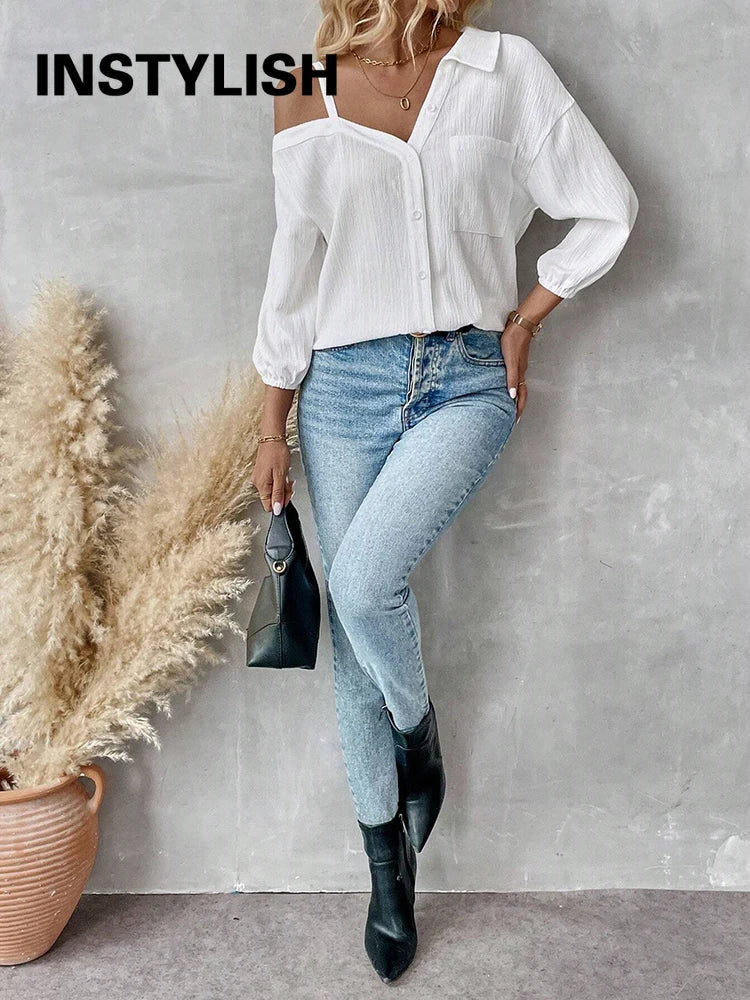 Chemise élégante pour femmes, épaules dénudées, trois quarts, chemisier sexy, décontracté, boutons unis, chemise ample, hauts de bureau pour femmes, streetwear, tuniques du S au XL MAEJORKEN