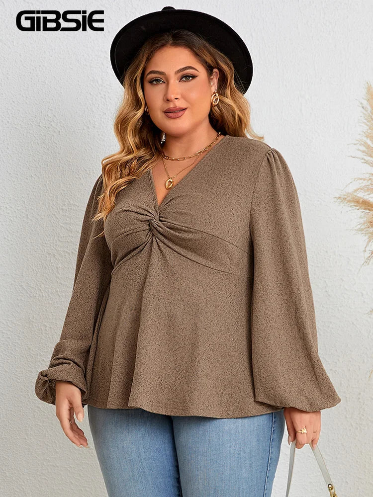 Haut péplum à col en V tunique vintage, manches lanterne du XL au 4XL