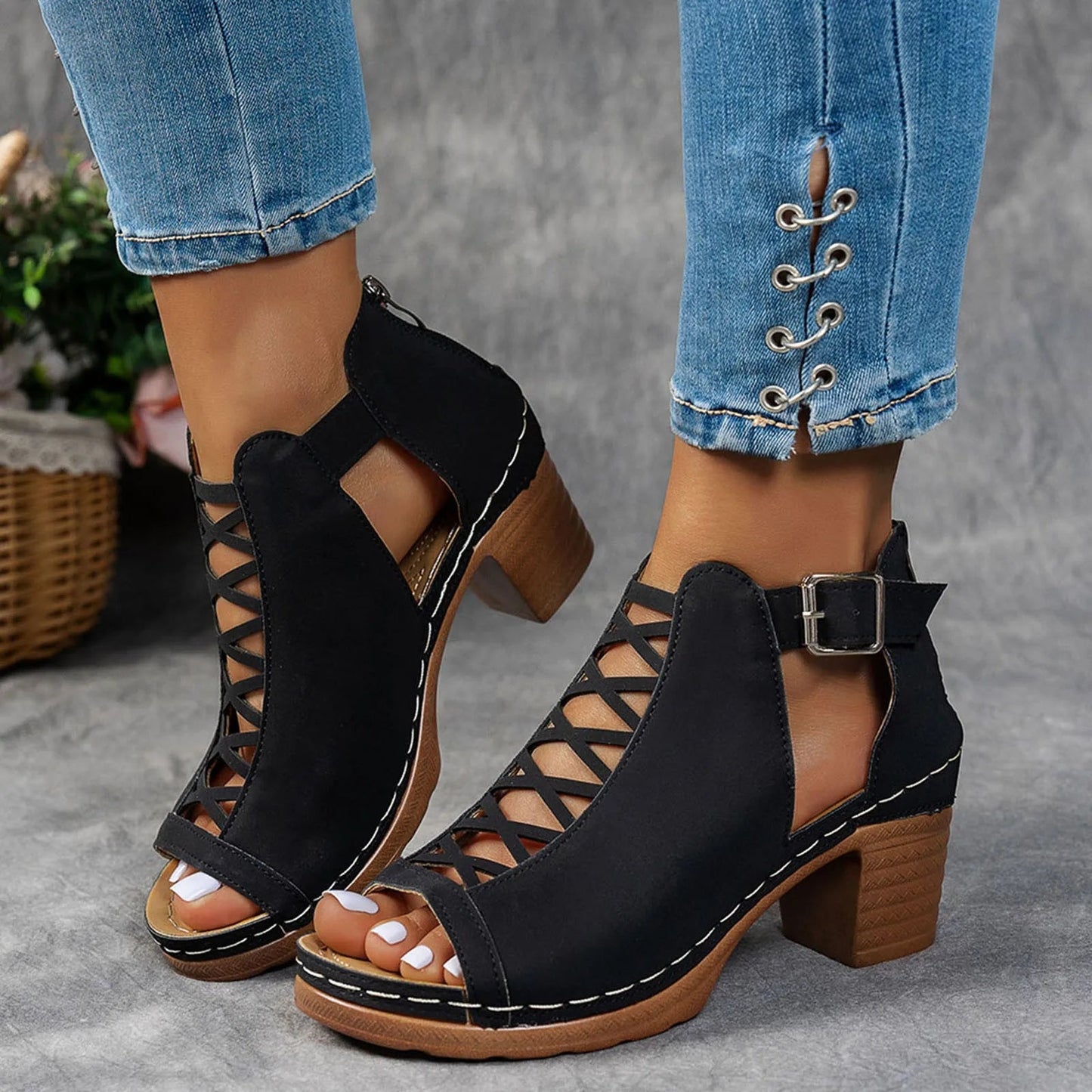 Sandales d'été élégantes pour femmes, talons épais compensés, talons hauts épais, bout ouvert, croix creuse, chaussures polyvalentes de mariage MAEJORKEN