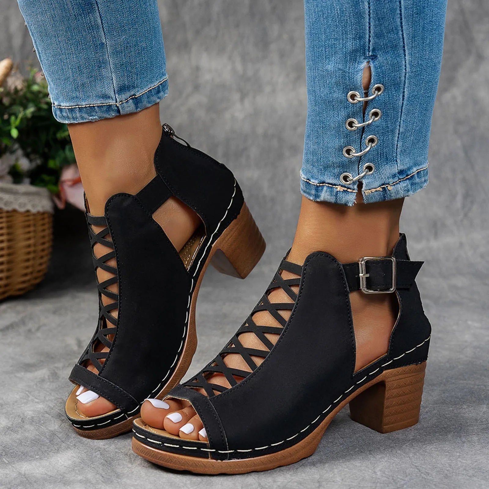 Sandales d'été élégantes pour femmes, talons épais compensés, talons hauts épais, bout ouvert, croix creuse, chaussures polyvalentes de mariage MAEJORKEN