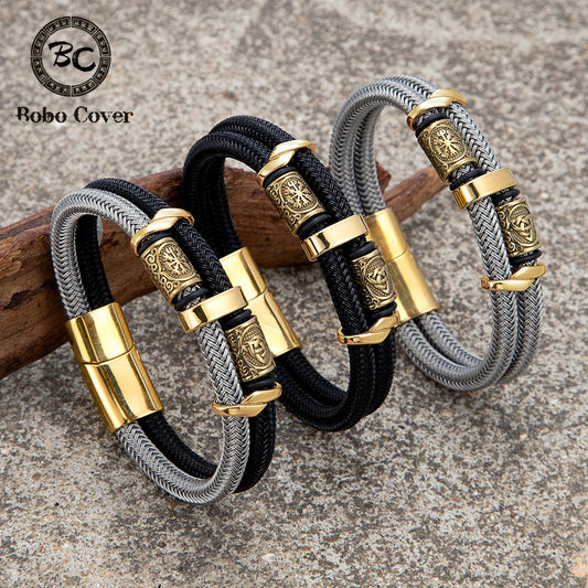 Vikings Runes Double couche ne se décolore pas en acier fil corde Bracelets hommes nordique couleur or bracelet en acier inoxydable de luxe mâle bijoux MAEJORKEN