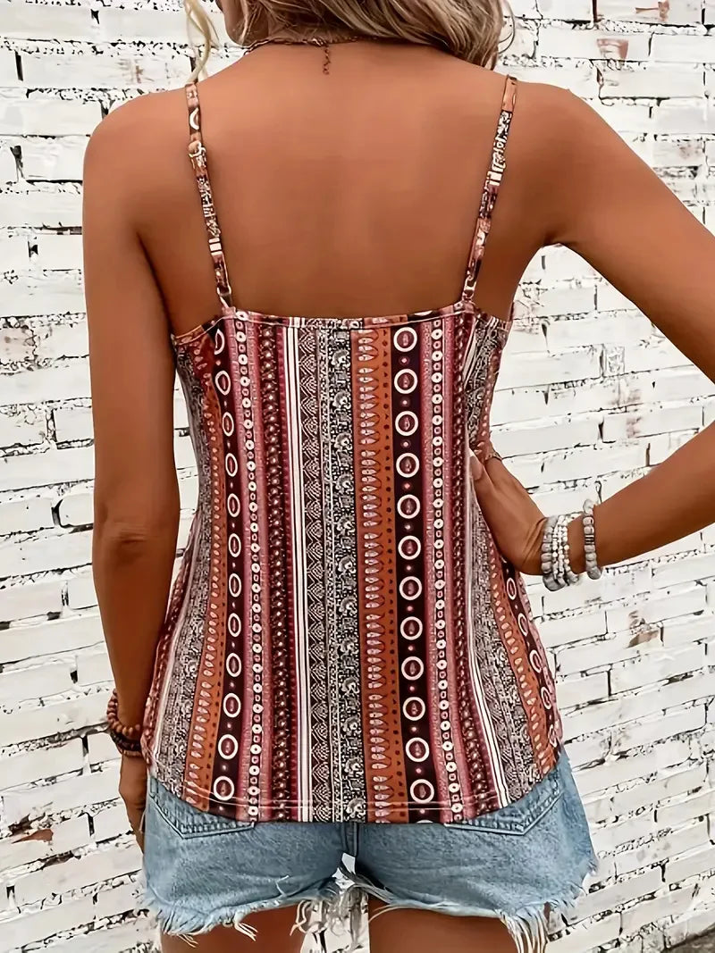Haut camisole sexy à col en v pour femmes, imprimé chaîne devant torsadé dans le dos, en tissu polyester avec motif spaghetti MAEJORKEN