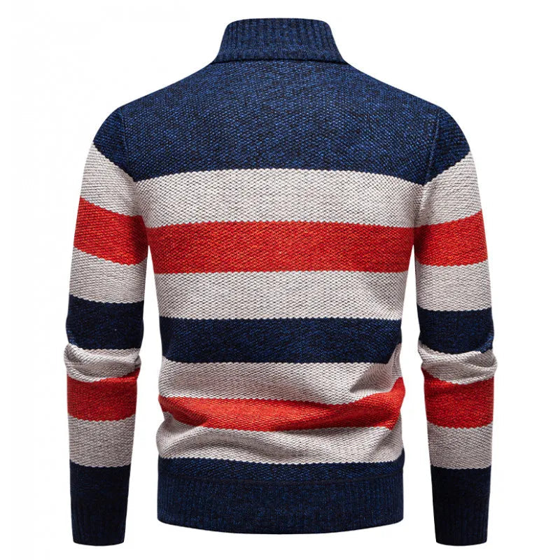 2025 automne hiver tricot pulls hommes Patchwork rayé mode col montant tirer sur tricoté pull homme épais chaud tricots MAEJORKEN