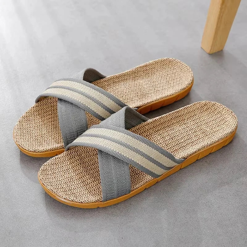 Hommes chaussures pantoufles lin maison intérieure bout ouvert chaussure plate plage pantoufles rayé épissé en caoutchouc sandales Zapatillas Hombre MAEJORKEN