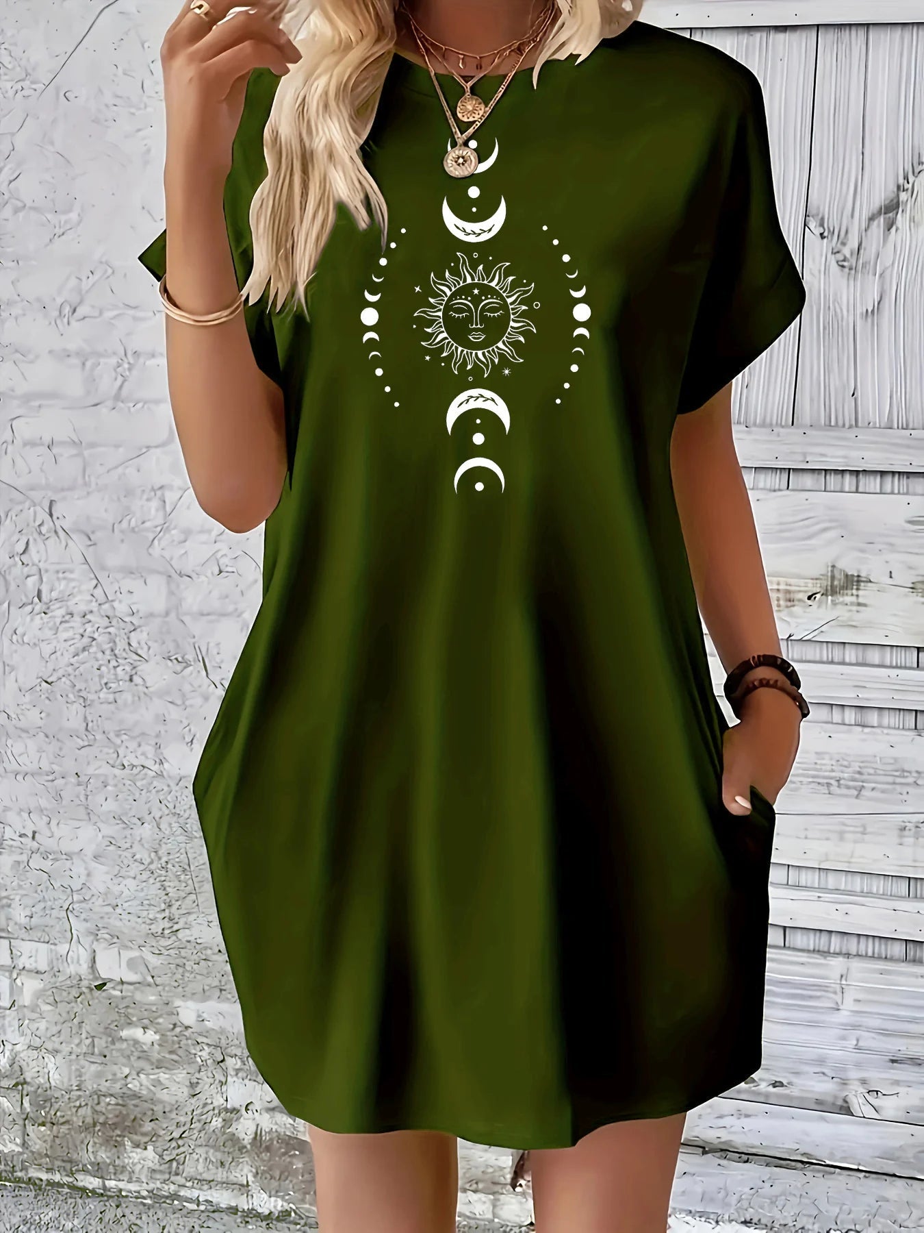 Robe d'été ample pour femmes, motif planète soleil lune imprimé, col rond, manches courtes, poches, confortable, décontractée, grande taille MAEJORKEN