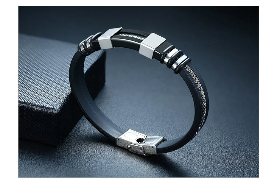 Vnox - Bracelet en acier inoxydable, bracelet pour homme, bracelet punk à maillons en silicone rainuré noir, bracelet punk élégant et décontracté MAEJORKEN