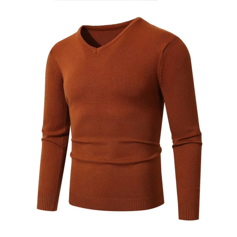 Pull tricoté à col en V pour hommes, couleur unie, manches longues, léger, décontracté, Business, coupe cintrée MAEJORKEN