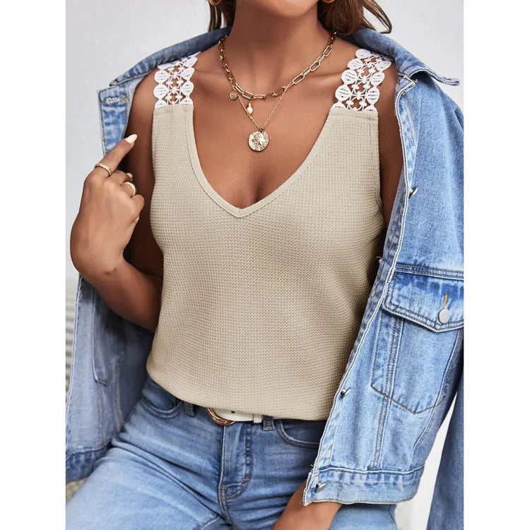 2025 été nouveau débardeur pour femmes couleur unie décontracté dentelle carreaux Patchwork gilet t-shirts hauts MAEJORKEN
