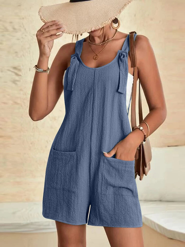 Femmes été décontracté barboteuses courtes élégant solide sans manches cravate noeud sangle combinaisons Vintage Harajuku salopette ample avec poches MAEJORKEN