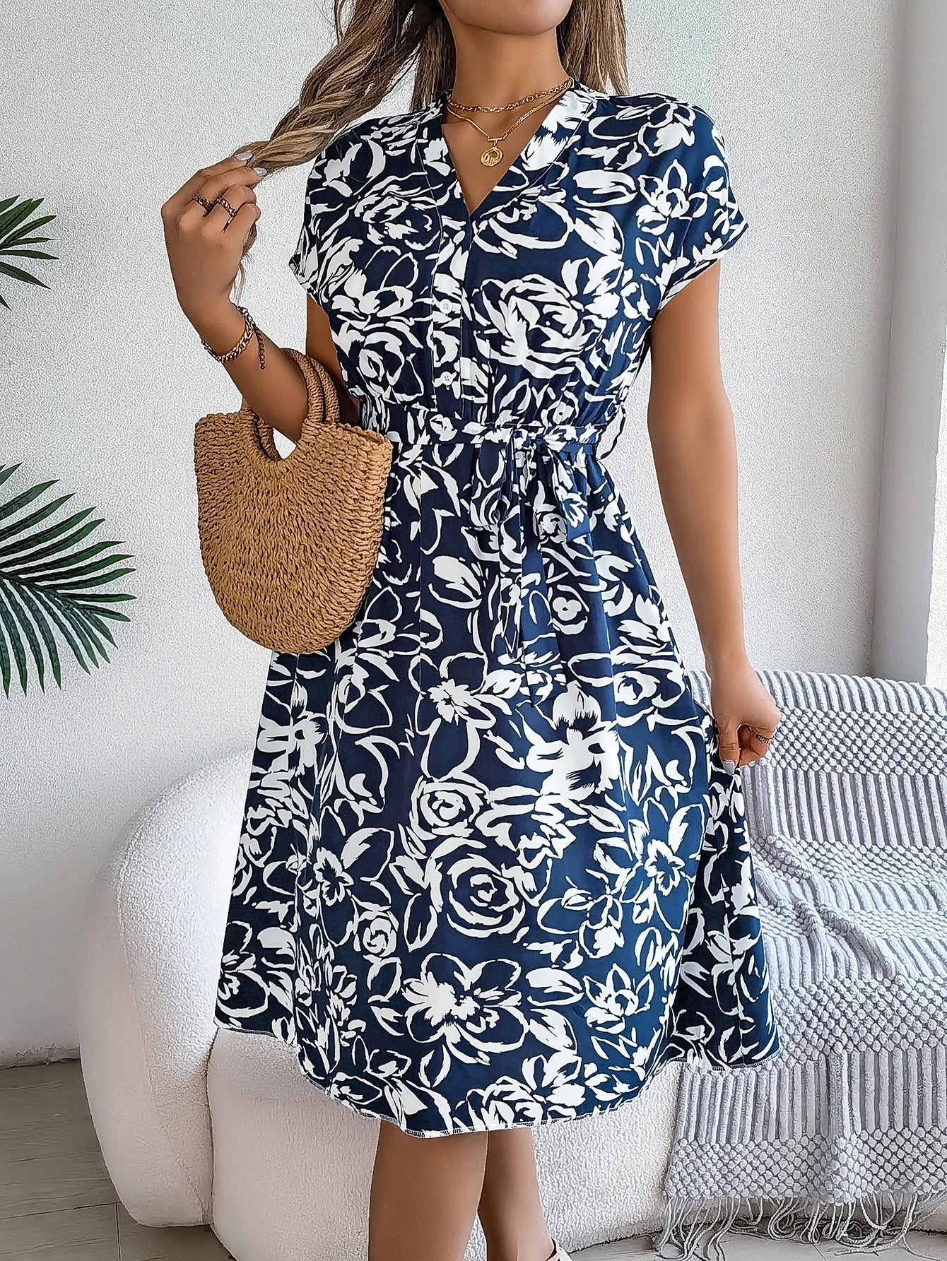 Robes décontractées pour femmes, col en v, boutons, imprimé floral, manches courtes, robe trapèze, printemps été MAEJORKEN