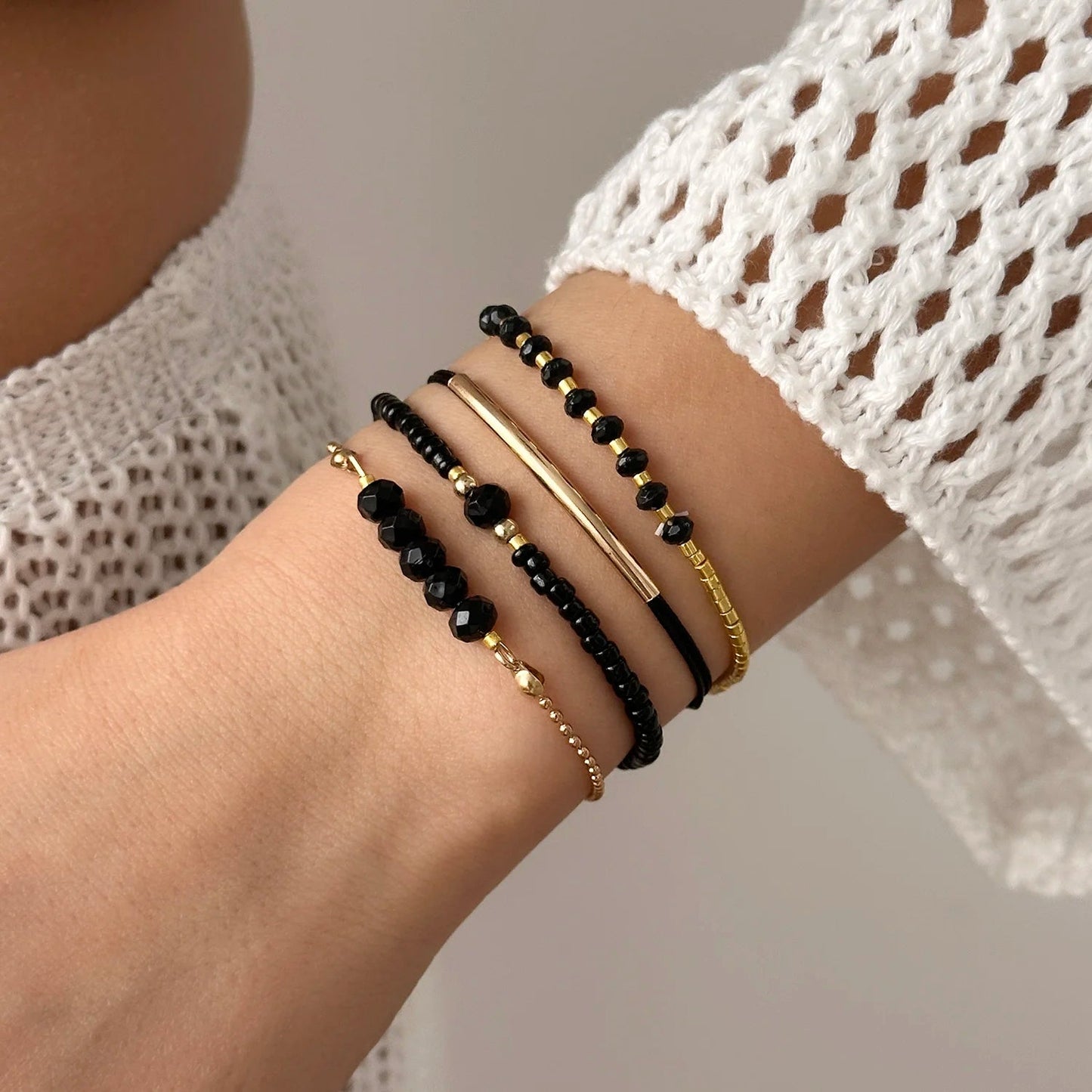 Ensemble de bracelets en pierre de verre noir fait à la main pour femmes MAEJORKEN