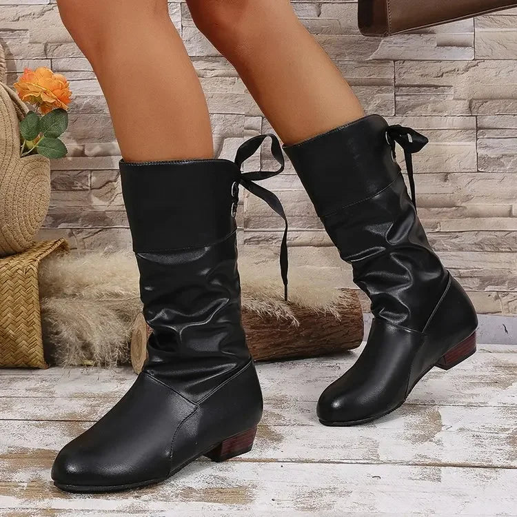 Chaussures pour femmes 2025 printemps genou bottes hautes rouge noir blanc bottes hautes femme plissé talon bas décontracté en cuir femme chaussures longues MAEJORKEN