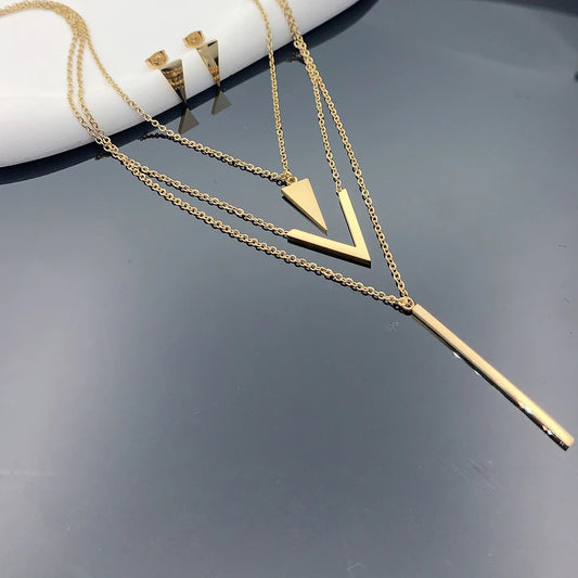 Ensemble de 3 pièces en acier inoxydable pour femmes, pendentif géométrique en forme de V, collier multicouche, boucles d'oreilles, cadeau d'anniversaire et de noël MAEJORKEN