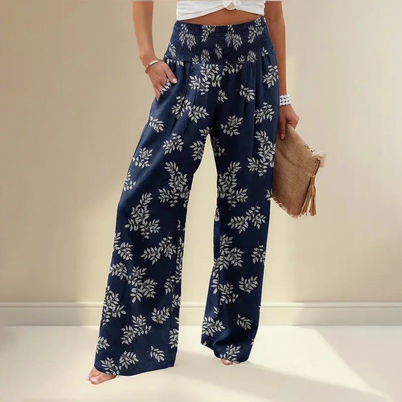 Pantalons pour femmes de grande taille, pantalons de plage à jambes larges imprimés de fleurs, pantalons décontractés de style bohème à taille élastique avec poches MAEJORKEN