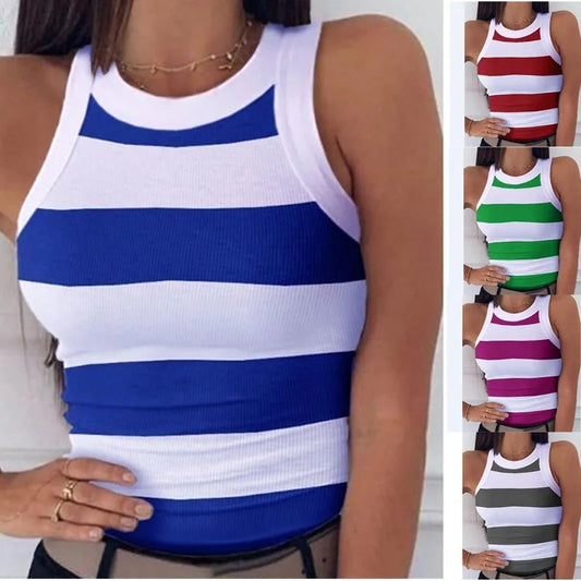Débardeur élastique de base d'été T-shirt d'impression numérique femmes col rond dos nageur débardeur Sexy imprimé à rayures débardeur sans manches MAEJORKEN