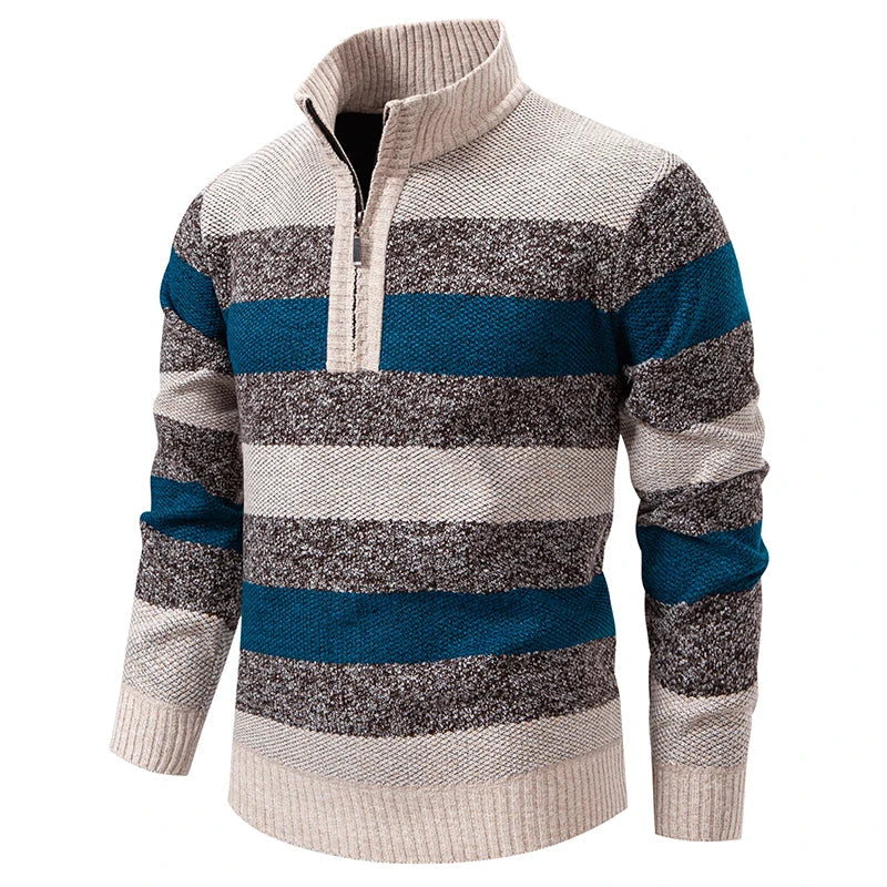 2025 automne hiver tricot pulls hommes Patchwork rayé mode col montant tirer sur tricoté pull homme épais chaud tricots MAEJORKEN