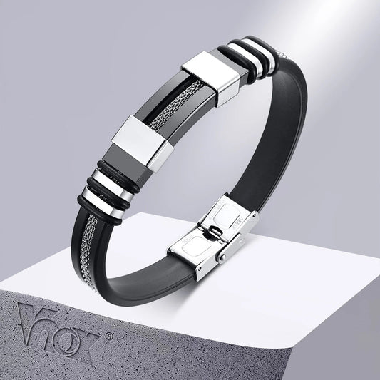 Vnox - Bracelet en acier inoxydable, bracelet pour homme, bracelet punk à maillons en silicone rainuré noir, bracelet punk élégant et décontracté MAEJORKEN