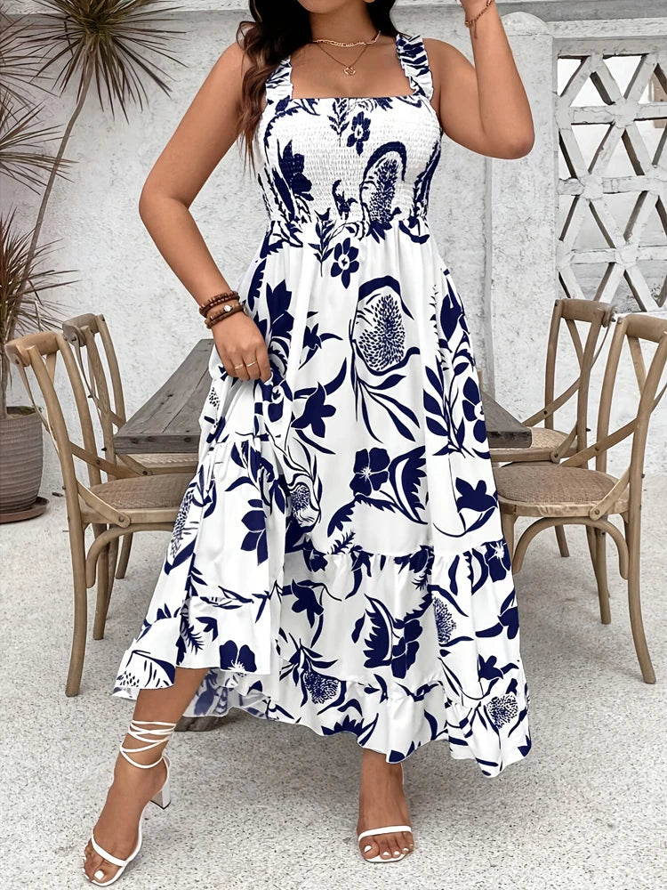 Grande taille 2025 été nouvelle robe florale de vacances licou avec ourlet à volants et buste froncé robe grande taille Polyester MAEJORKEN