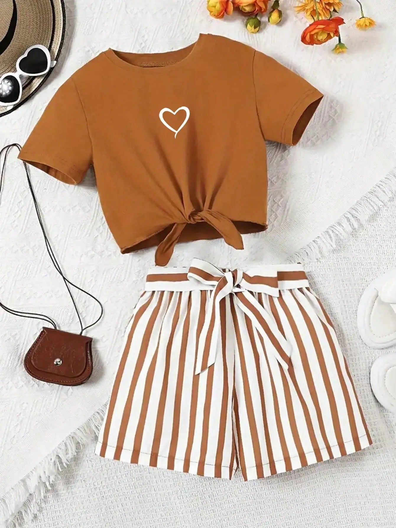 Ensemble 2 pièces décontracté pour femme : T-shirt à manches courtes imprimé cœur et short imprimé rayé, avec ceinture rayée assortie (vêtements pour enfants) MAEJORKEN