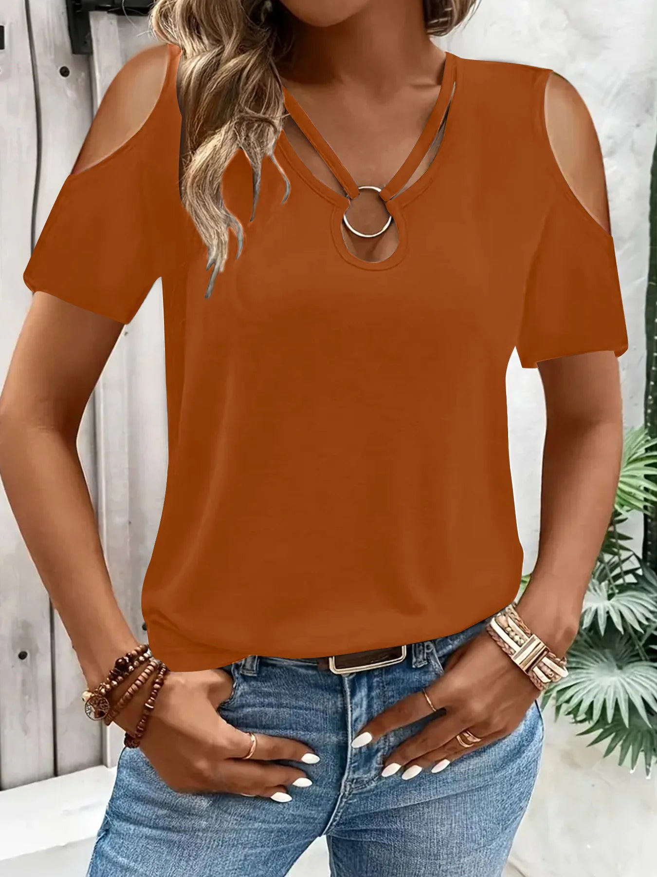 T-shirt à manches courtes décontracté épaules nues col en V couleurs unies du S au 2XL