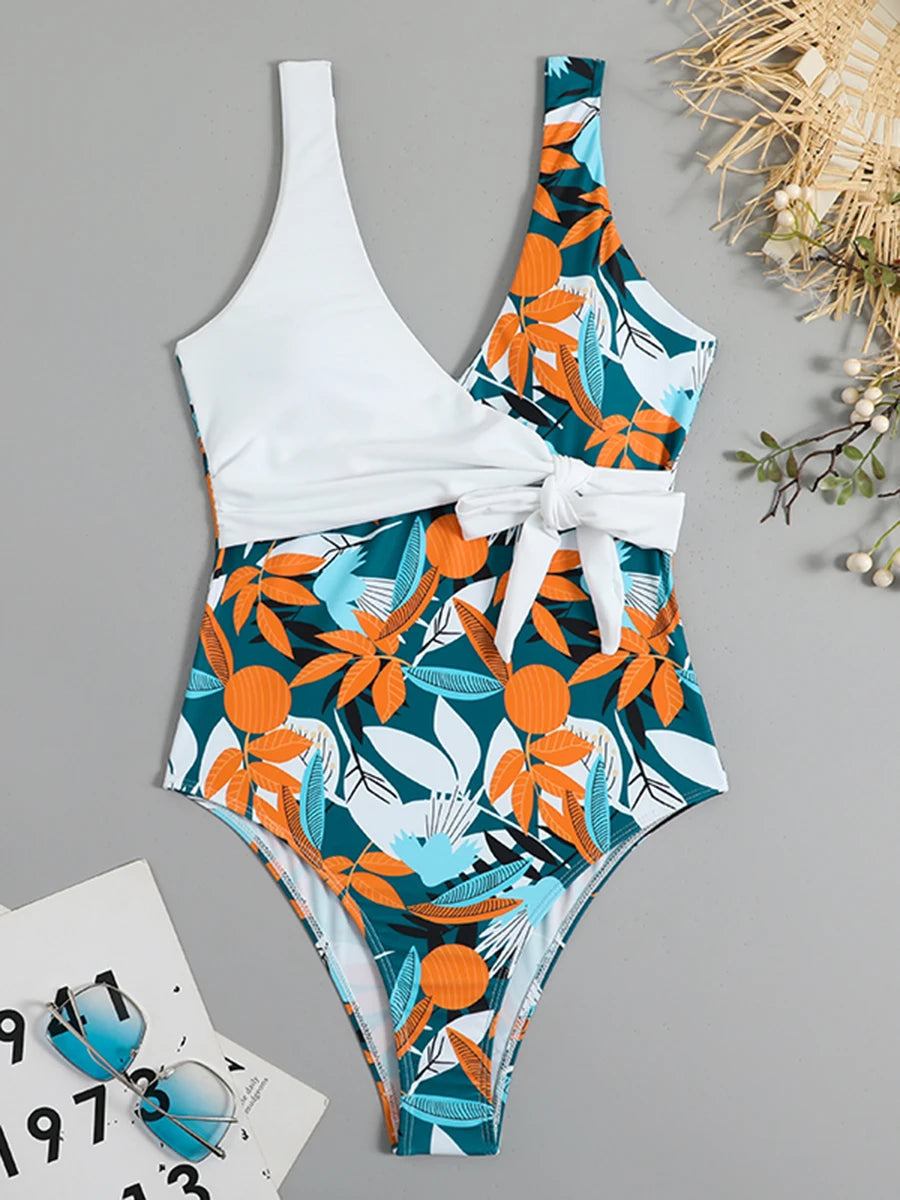 Maillot de bain une pièce imprimé tropical 2026 avec nœud latéral et ceinture, rembourré, pour femme, tenue de plage estivale MAEJORKEN