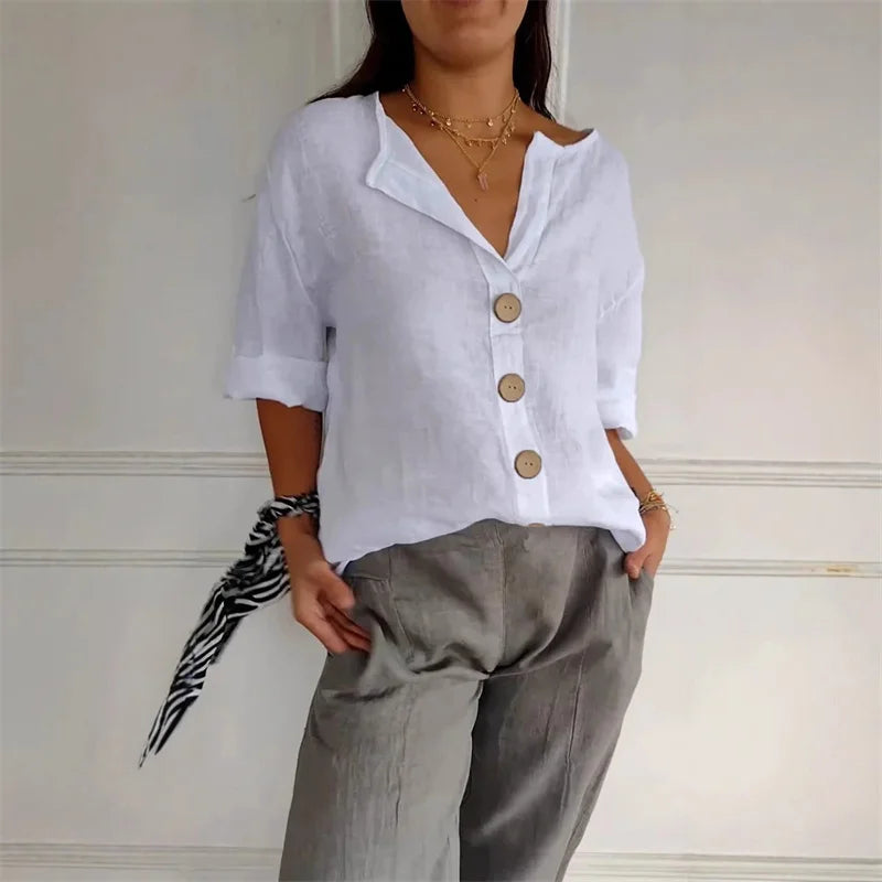 Chemise ample d'été pour femmes, col en v, coton et lin, boutons, chemises décontractées, couleur unie, mode élégante, vêtements de bureau pour femmes, chemisier 2025 MAEJORKEN