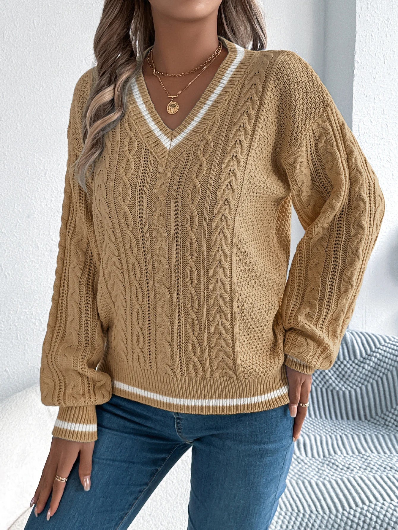 Pull en tricot torsadé à col en V pour femme, bloc de couleur, manches longues, ample, décontracté, tricoté MAEJORKEN