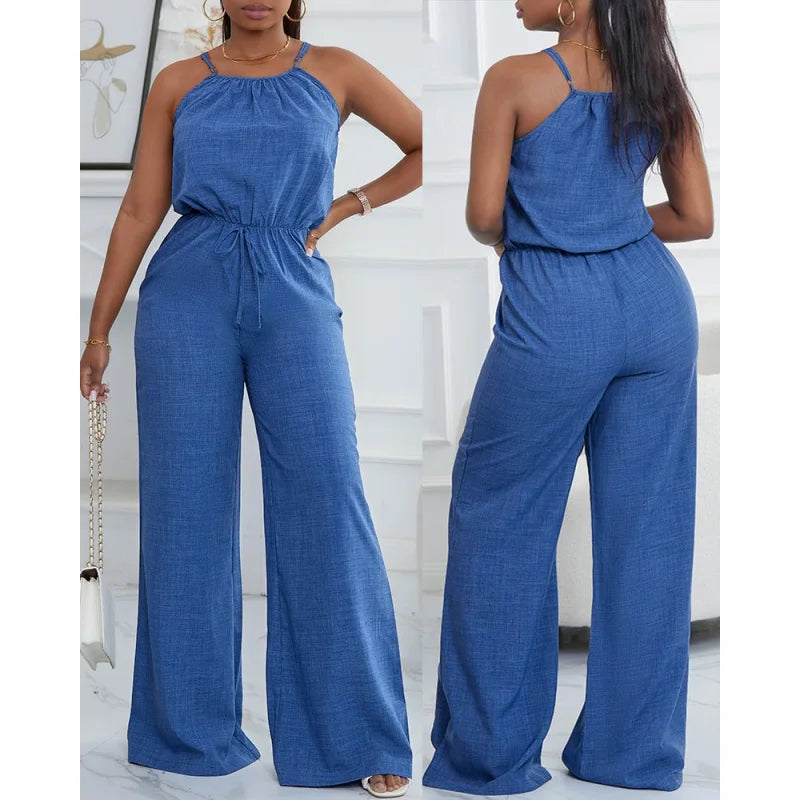 Combinaison décontractée bleue pour femmes, bretelles spaghetti, ceinture à nouer à la taille, idéale pour un usage quotidien, les sorties shopping et les moments de détente à la mode MAEJORKEN