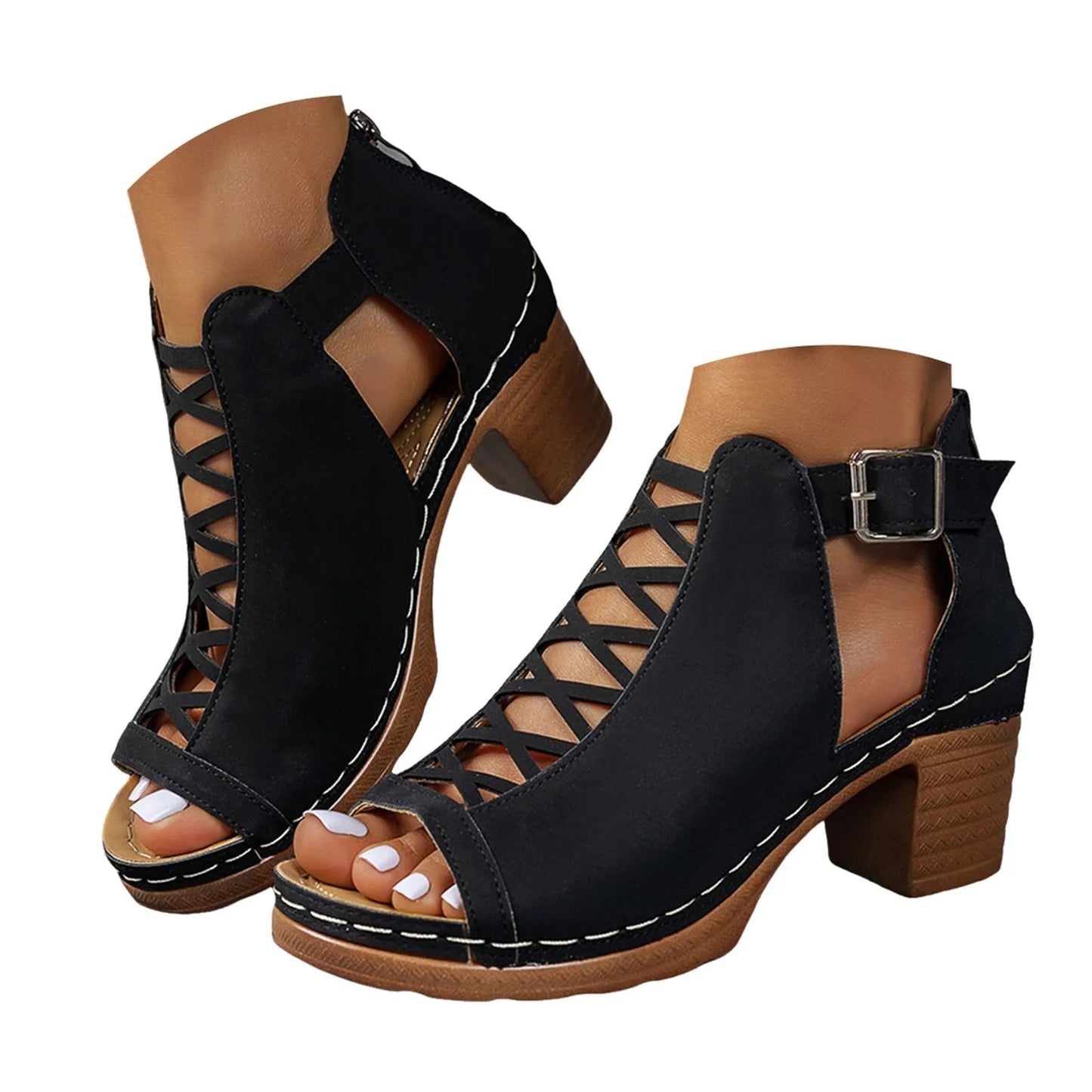 Sandales d'été élégantes pour femmes, talons épais compensés, talons hauts épais, bout ouvert, croix creuse, chaussures polyvalentes de mariage MAEJORKEN
