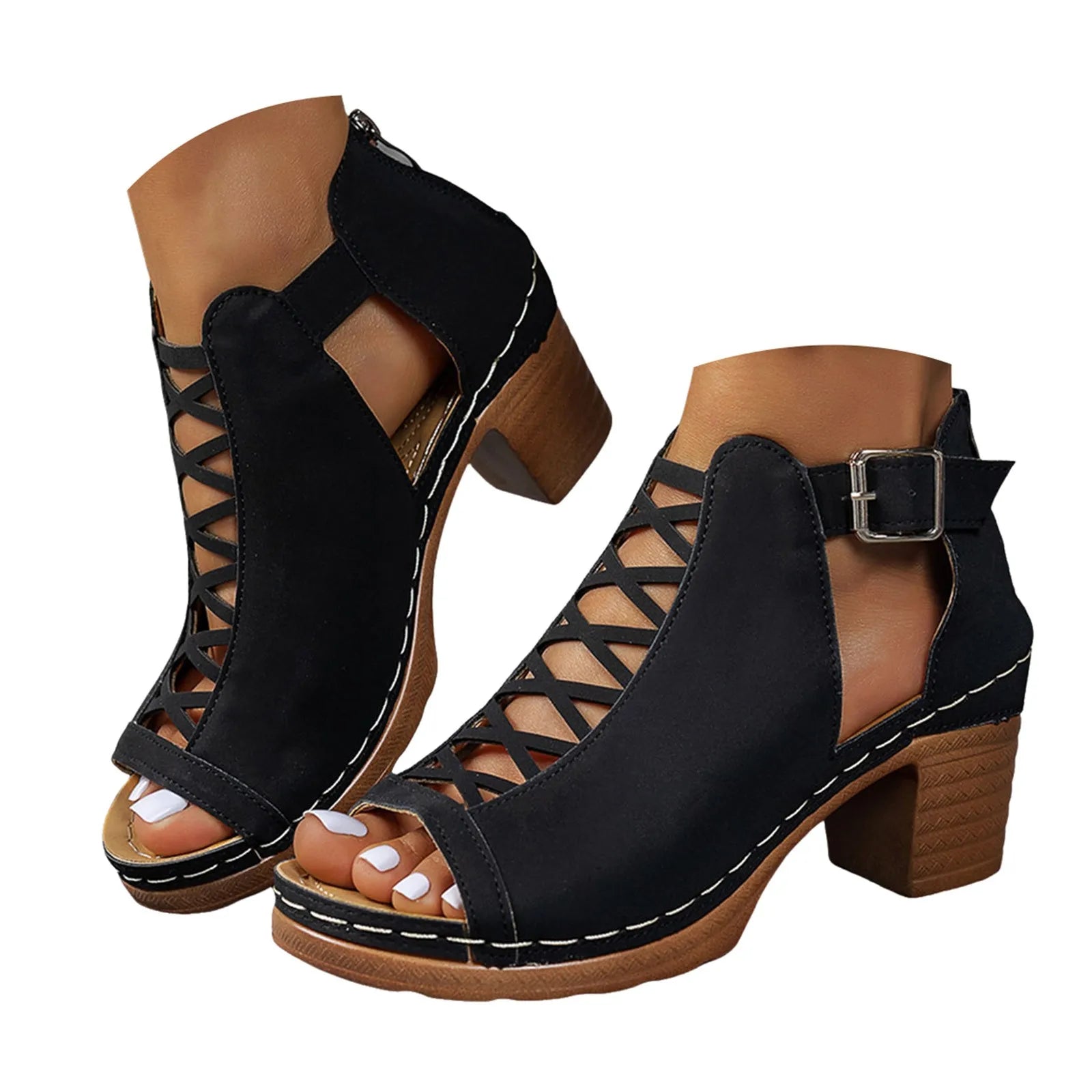 Sandales d'été élégantes pour femmes, talons épais compensés, talons hauts épais, bout ouvert, croix creuse, chaussures polyvalentes de mariage MAEJORKEN