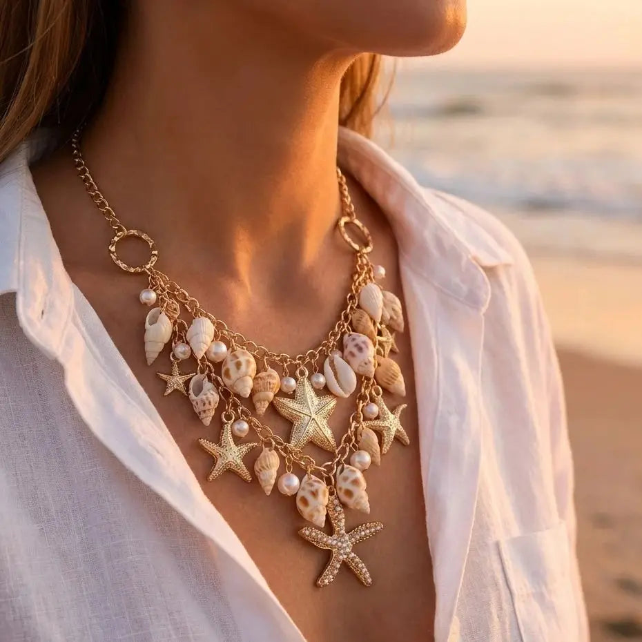 Collier pendentif étoile de mer exagéré pour femmes, coquillage, imitation perle, bracelets chaîne, bijoux de plage d'été, cadeau de vacances MAEJORKEN