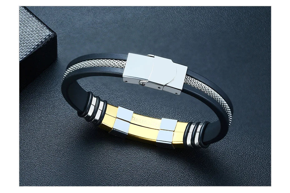 Vnox - Bracelet en acier inoxydable, bracelet pour homme, bracelet punk à maillons en silicone rainuré noir, bracelet punk élégant et décontracté MAEJORKEN