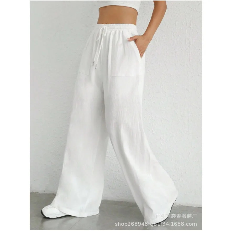 Pantalon décontracté à jambes larges couleur unie du S au XL